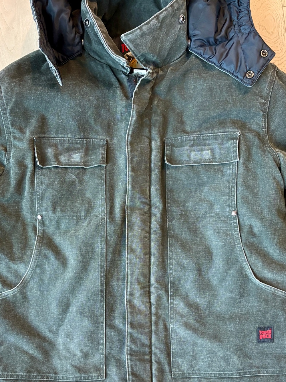 Men's Olive Green Tough Duck Vintage Hooded Work Jacket With Amazing Patina XL